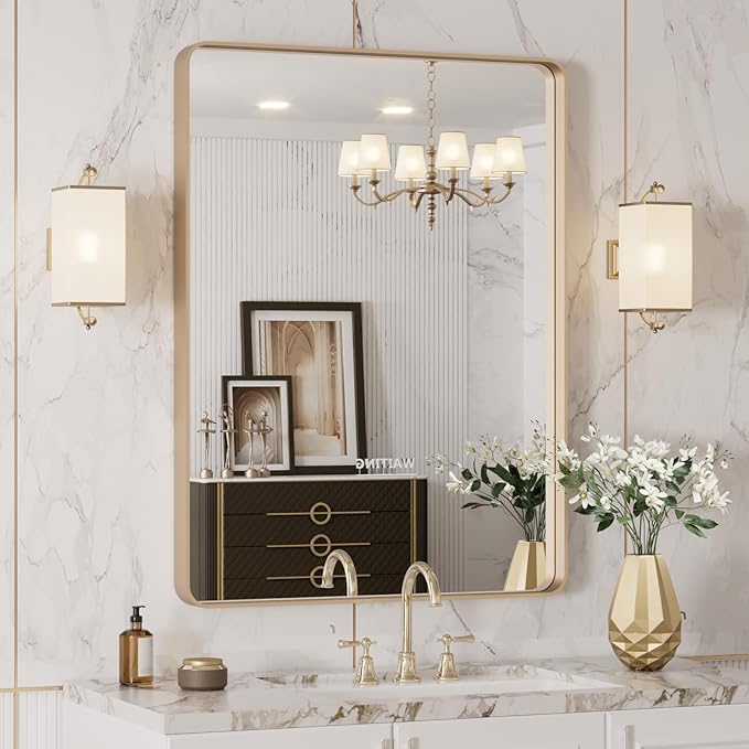 LOAAO 20”X30” Gold Bathroom Mirror, Rounded Rectangle Gold Frame Mirror - Image 4
