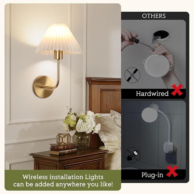 Wireless Wall Sconce Sets of 2, Pleated Shades Rechargeable Battery Operated - Image 8