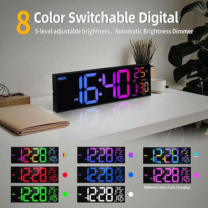 HAITANG 8 Colors Digital Wall Clock, 16.2" Large Digital Clock - Image 4