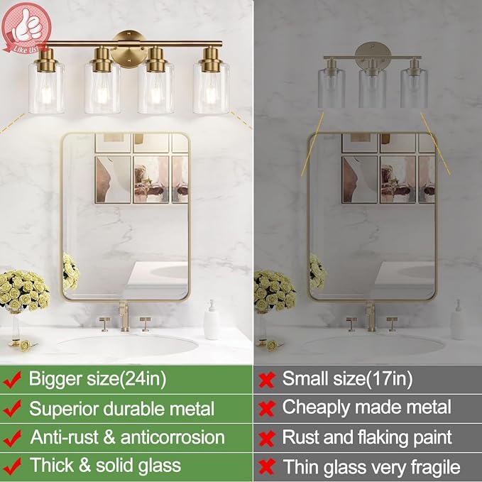 Zarbitta 4-Light Bathroom Light Fixtures, Brushed Brass Modern Vanity Lights - Image 3