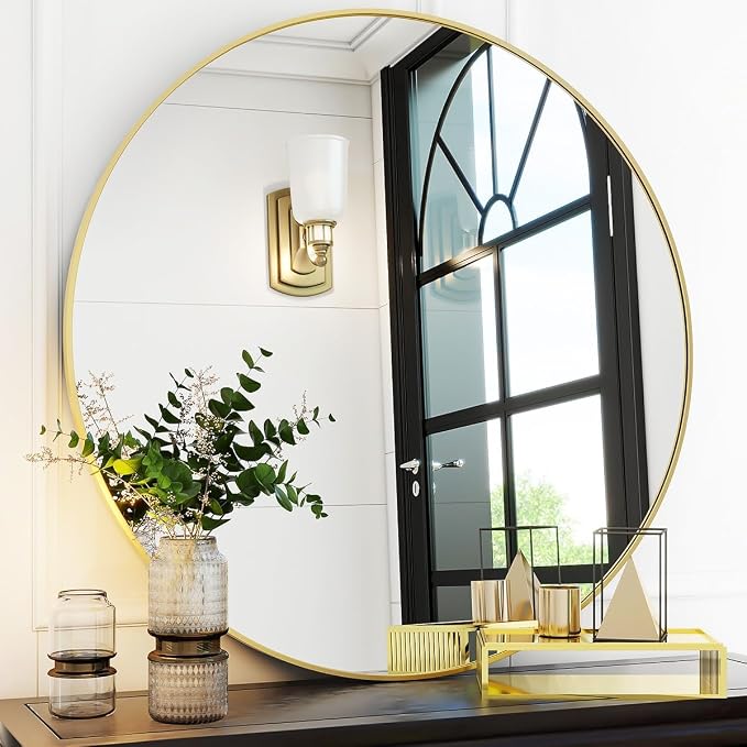 VooBang Gold Round Bathroom Mirror, 30 inch Circle Wall Mounted Hanging Mirror by VooBang