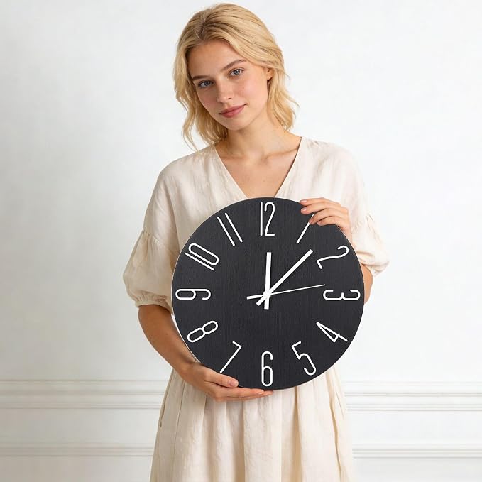 Wall Clock 12 Inch Silent Non-Ticking Imitation Wood Indoor Clock Round Green - Image 3