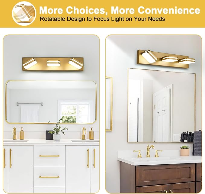 360° Rotate LED Bathroom Vanity Light Fixtures, 1300LM Acrylic Gold Vanity - Image 7