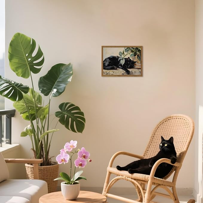 Framed Black Cat Canvas Wall Art, Vintage Sleeping Cat - Image 9