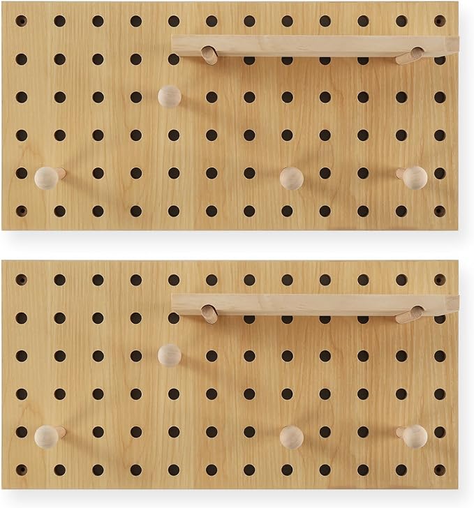 2 Pack Beige Wooden Pegboard, Modular Wall Organizer Storage Shelf - Image 2