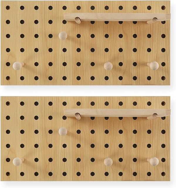 2 Pack Beige Wooden Pegboard, Modular Wall Organizer Storage Shelf - Image 2