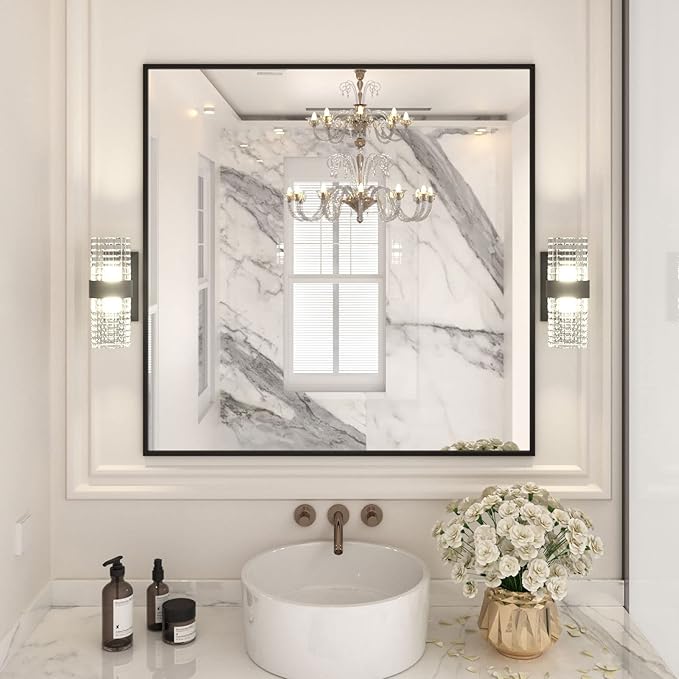 LOAAO 36"X36" Black Rectangle Bathroom Mirror Wall, Matte Black Aluminum Alloy by LOAAO