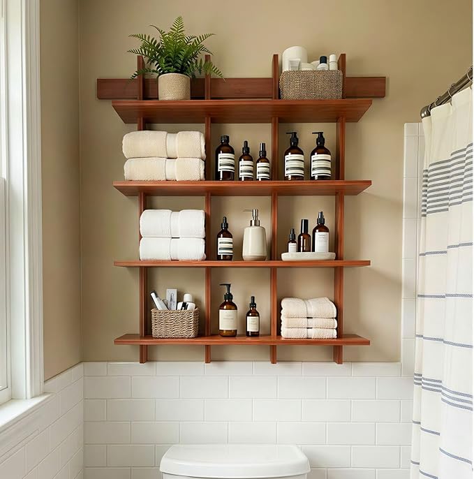 4-Tier Wall Mounted Bamboo Bookshelf, 43×52 Inch Large Floating Shelves - Image 9