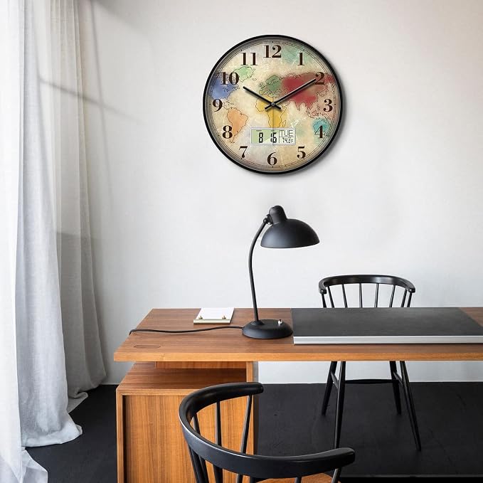 12" Silent Non-Ticking Vintage Distressed World Map Wall Clock, Battery - Image 4