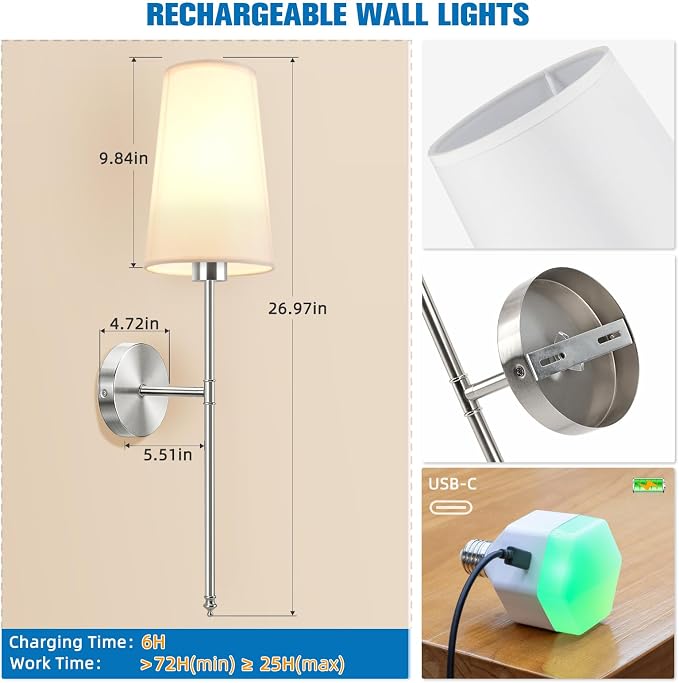NIORSUN Brushed Nickel Battery Operated Wall Sconce Set of 2, Rechargeable Wall - Image 7