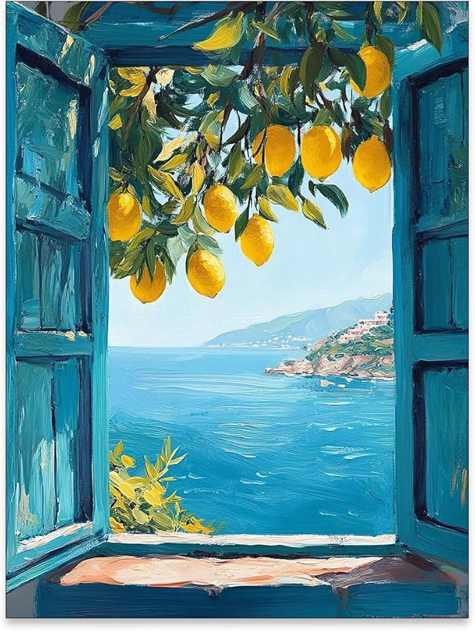 Mediterranean Window View Wall Art Coastal Lemon Tree Canvas Prints Blue by PDFI