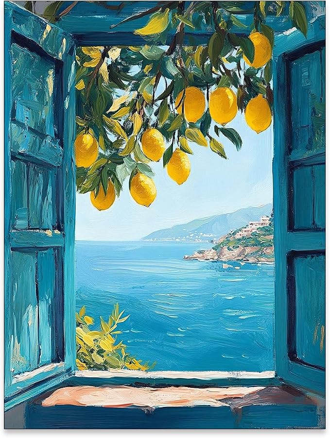 Mediterranean Window View Wall Art Coastal Lemon Tree Canvas Prints Blue by PDFI
