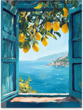 Mediterranean Window View Wall Art Coastal Lemon Tree Canvas Prints Blue by PDFI