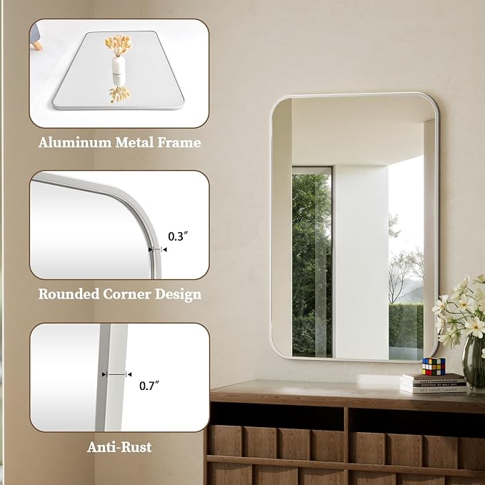 BEAUTYPEAK Silver Wall Mounted Bathroom Mirror, Aluminum Alloy Frame Bathroom - Image 3