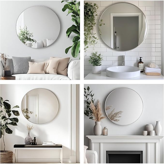 Oruii Silver Round Mirror, Round Mirror 24 inch Brushed Nickel, Circle Wall - Image 5