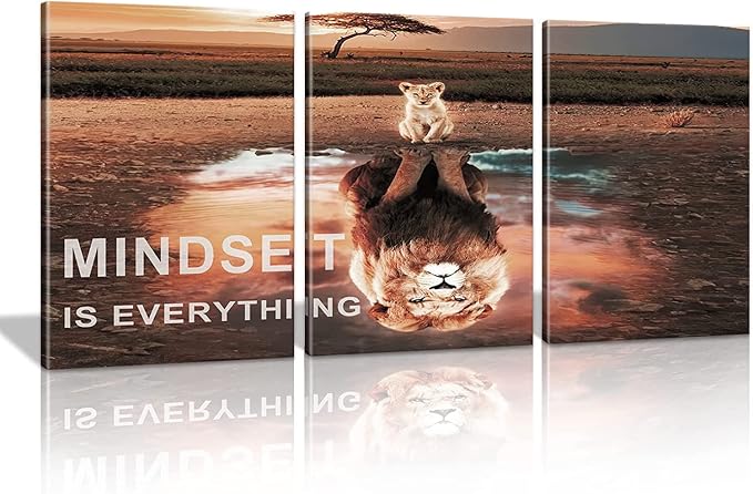 KAWAHONE Motivational Lion King Mindset Wall Art Gold, Success Cat Reflect Lion by KAWAHONE