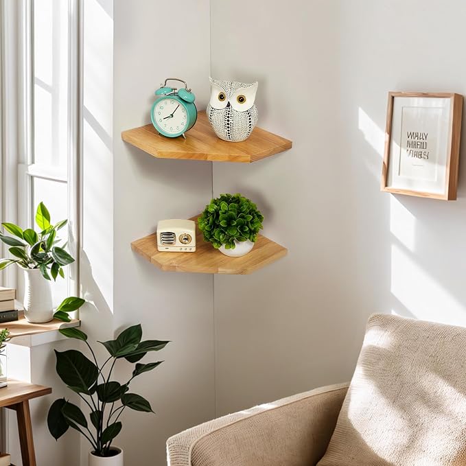 Corner Wall Shelves, Corner Floating Shelves Set of 2 Solid Oak Wood Display - Image 6