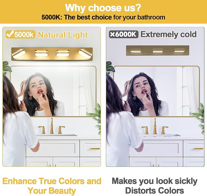 360° Rotate LED Bathroom Vanity Light Fixtures, 1600LM Acrylic Gold Vanity - Image 3