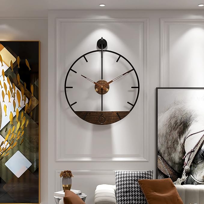 Modern Wood Walnut Dial Wall Clock, Large Simple Wall Decor Metal Frame Silent - Image 2