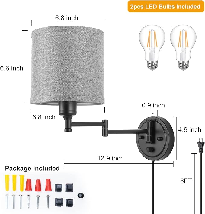 GOODATE Dimmable Plug in Wall Sconces, Swing Arm Wall Lamp, Wall Sconces Set of - Image 5