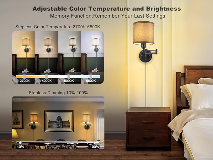 Plug in Wall Sconces with Remote Control, Dimming 10%-100% & Adjustable Colors - Image 2