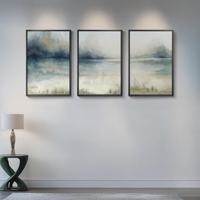 Large Framed Abstract Landscape Wall Art, 3 Piece Blue Watercolor Canvas Prints - Image 4