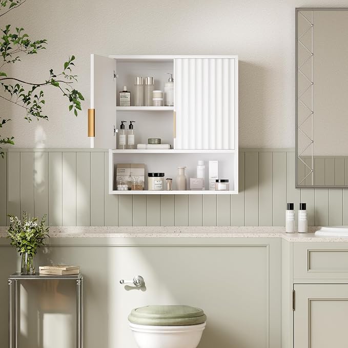 VINGLI White Bathroom Wall Cabinet, Modern Fluted Medicine Cabinet - Image 2