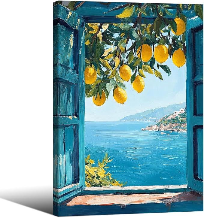 Framed Canvas Wall Art Posters Mediterranean Window View Coastal Lemon Tree by PDFI