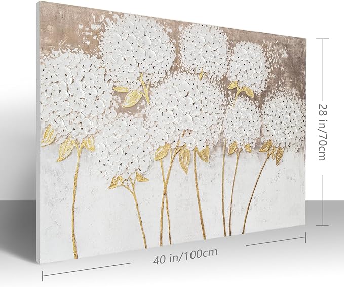 JolyWell Large hand painted wall art White Hydrangea Canvas Wall decor - Image 4
