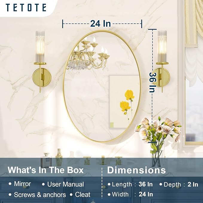 TETOTE Gold Oval Bathroom Mirror, 24 x 36 Brushed Brass Framed Wall Mounted - Image 7