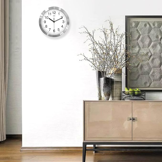 HITO 10 Inch Silent Wall Clock Battery Operated Non Ticking Glass Cover Silver - Image 6