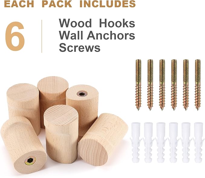 bsdonte Wood Wall Hooks 6 Pack, Natural Wooden Coat Hooks Wall Mounted - Image 6
