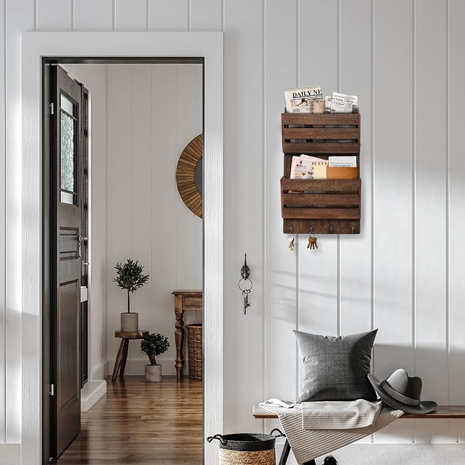 Mail Organizer Wall Mount with 4 Key Hooks, Rustic Wooden Hanging Mail Sorter - Image 5