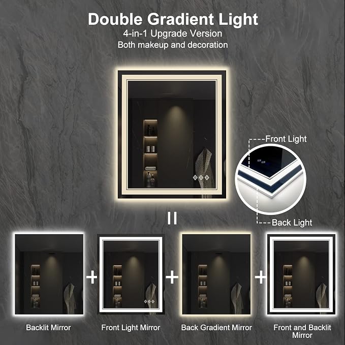 Lighted Mirror, 30x36 Inch Gradient Front and Backlit LED Mirror, 3 Colors - Image 4