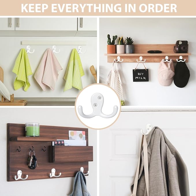 Homanu 14 Pack Coat Hooks, Heavy Duty Double Prong Coat Hooks Wall Mounted - Image 2