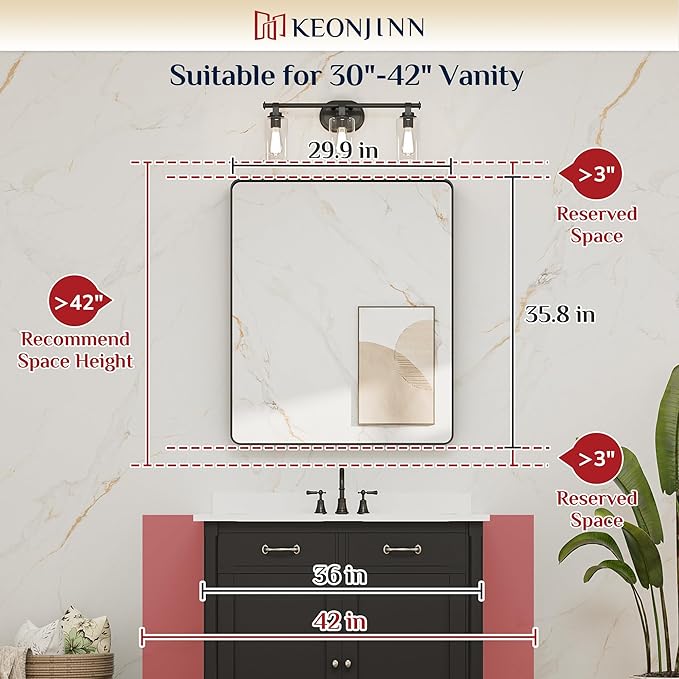 Keonjinn Black Bathroom Mirror, 30 x 36 Inch Rounded Rectangle Sandblasted - Image 5