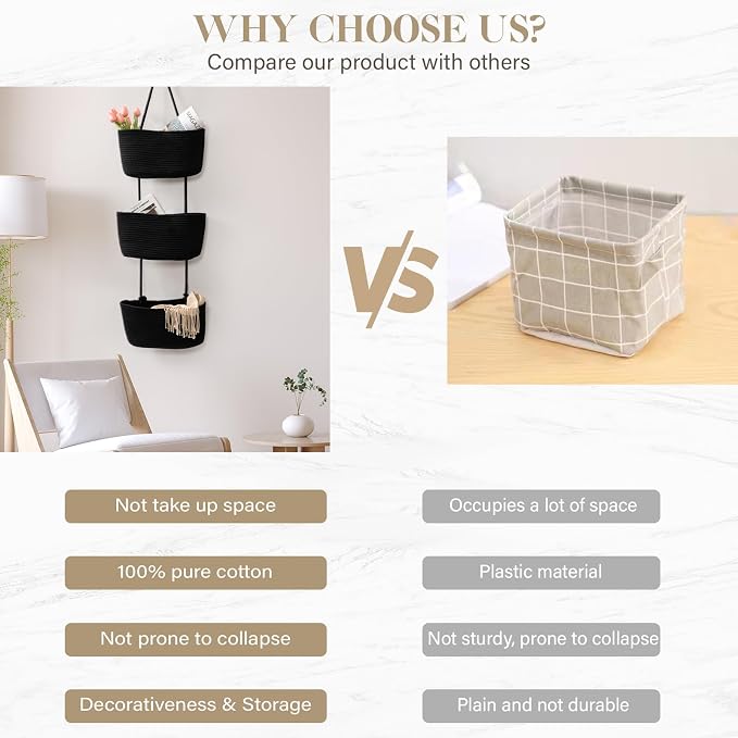 TeoKJ Over the Door Hanging Basket, 3-Tier Woven Cotton Wall-Mounted Storage - Image 3