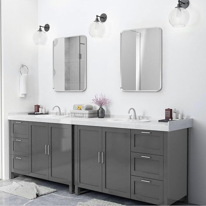 Silver Framed Bathroom Mirror, Brushed Nickel Rounded Corner Rectangle Wall - Image 2