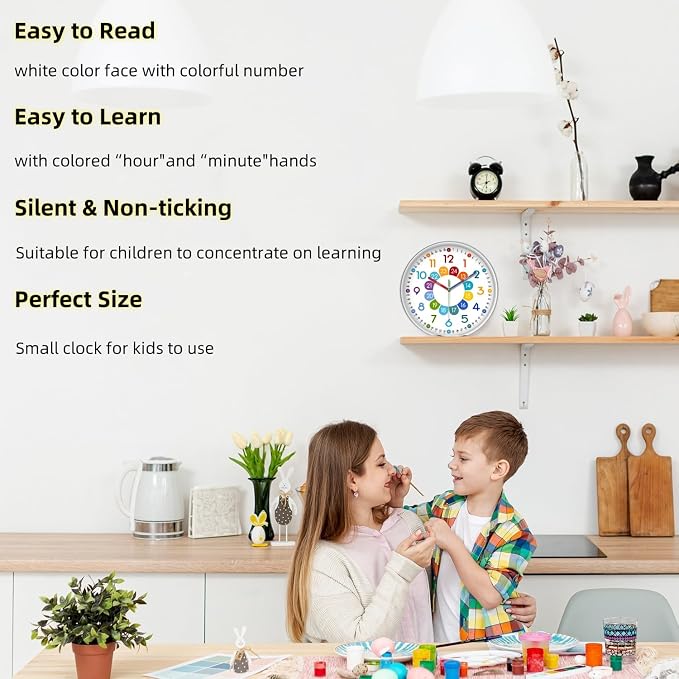 XFM Silent Kids Wall Clock 8 Inch Non Ticking Battery Operated Kids Teaching - Image 5