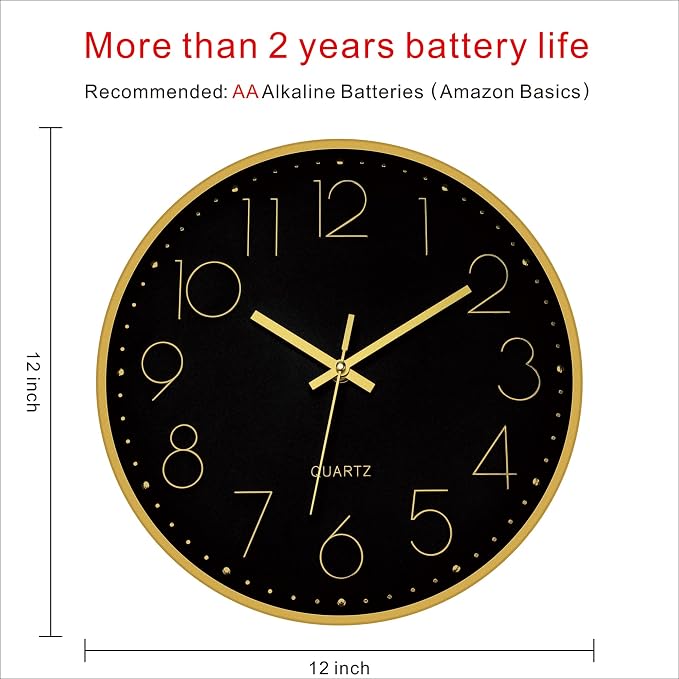 Foxtop Black Gold Wall Clock 12 Inch Silent Non-Ticking Battery Operated Round - Image 2