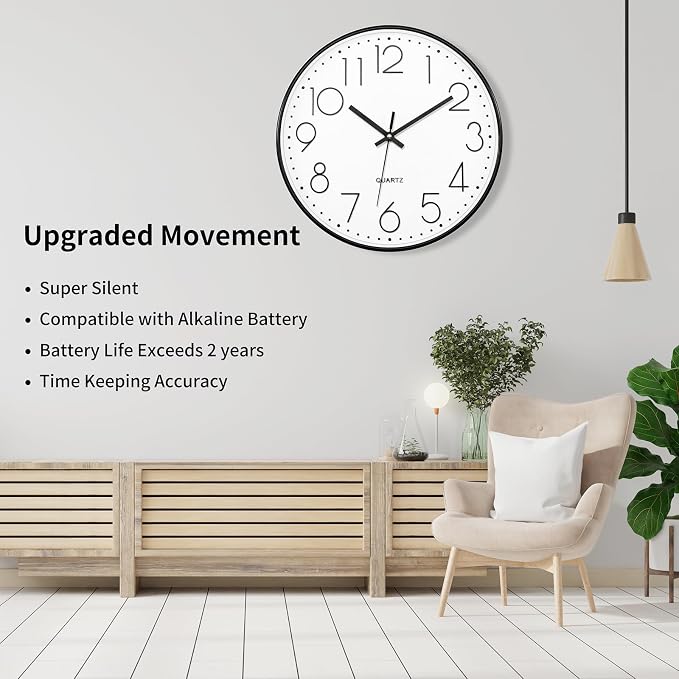 Foxtop 14 Inch Black Wall Clock Large Silent Non-Ticking Battery Operated Round - Image 3