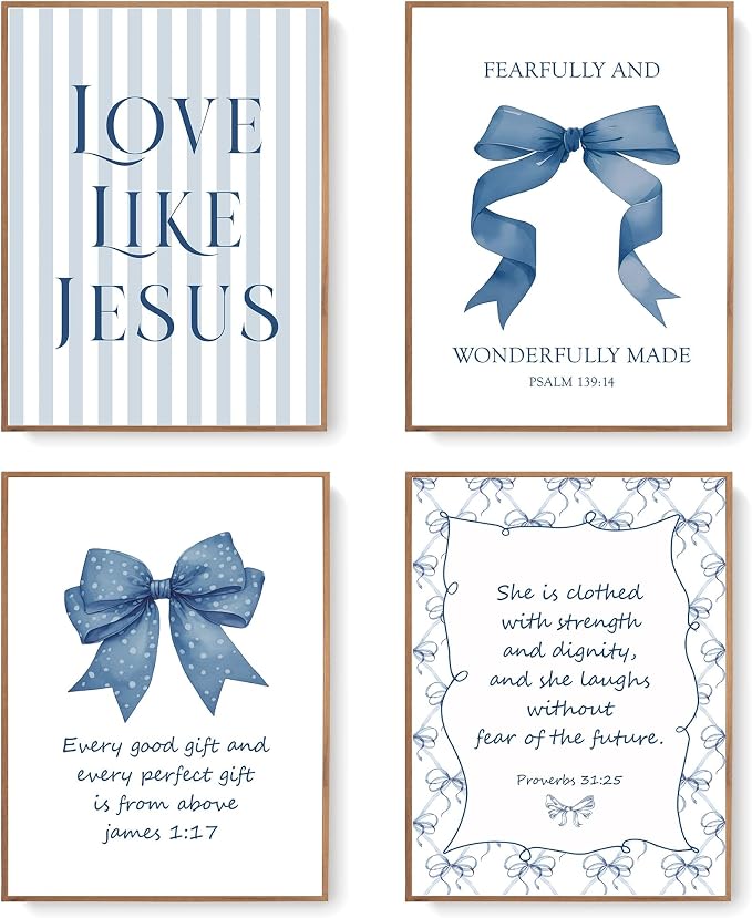 LARTSFRO Coquette Navy Blue Bow Jesus Wall Art Decor Posters, Inspirational by Unknown