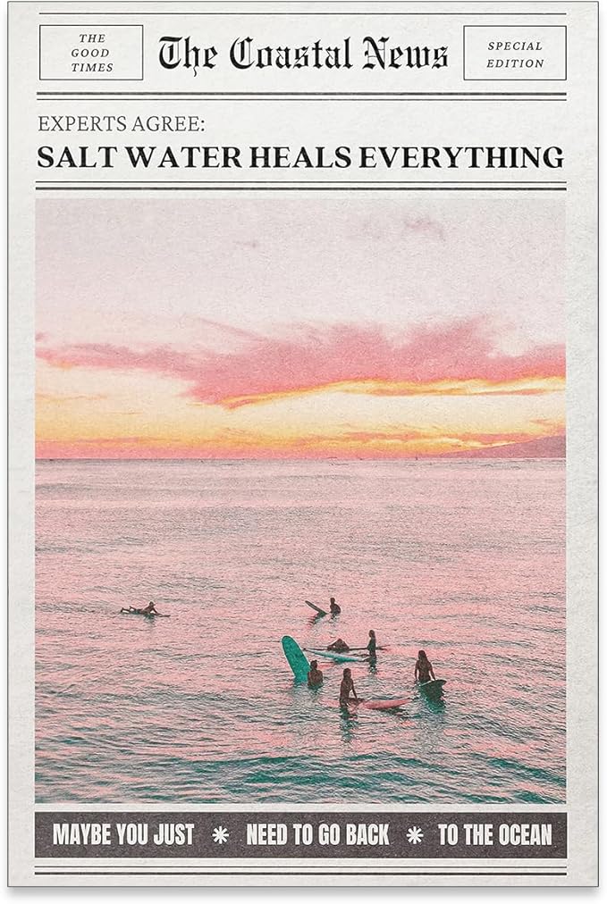Pink Beach Newspaper Posters Vintage Fashion Coastal Girl Surf Wall Art Grainy by Unknown