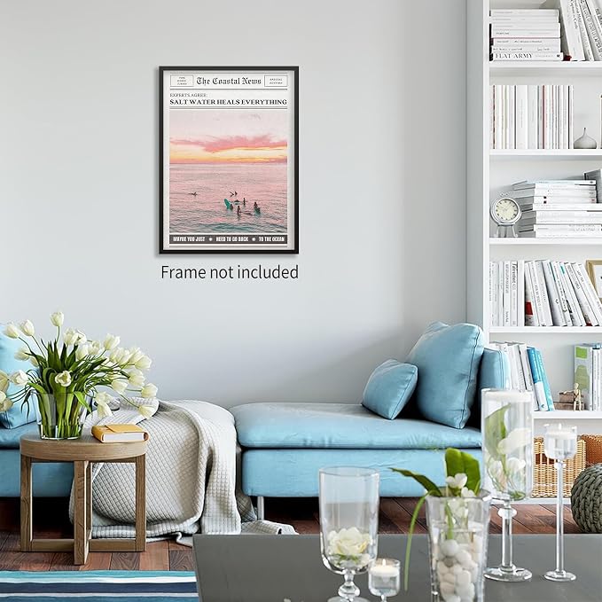 Pink Beach Newspaper Posters Vintage Fashion Coastal Girl Surf Wall Art Grainy - Image 6