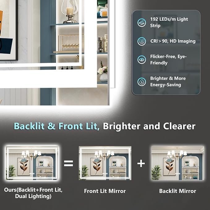 50x36 LED Bathroom Mirror with Lights, Backlit and Front Lit Anti-Fog Lighted - Image 3