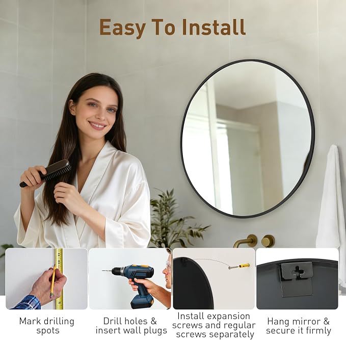 NEWBULIG 24 Inch Round Wall Mirror, Bathroom Mirror - Image 5