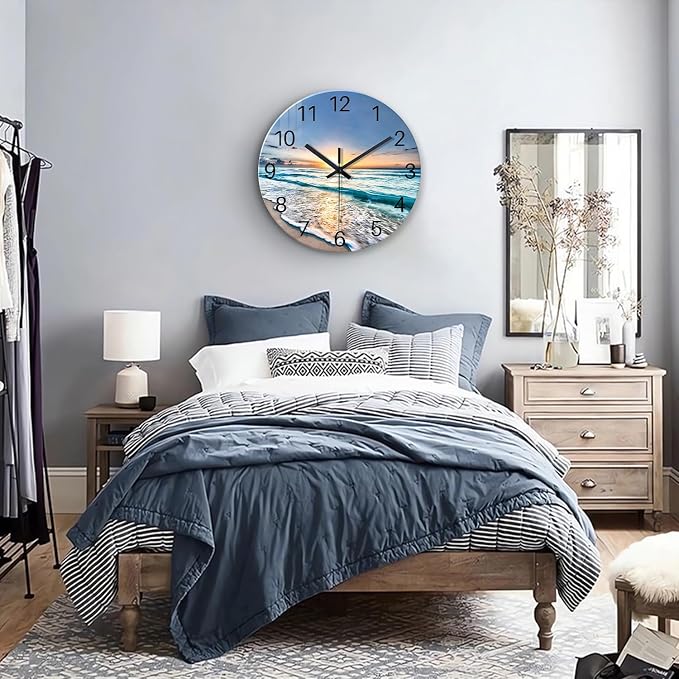 Blue Beach Wall Clock for Kitchen 14 Inch Round Coastal Clocks for Walls Analog - Image 3