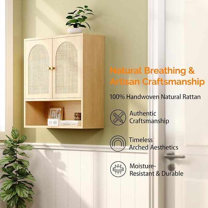 VINGLI Rattan Bathroom Wall Cabinet, Boho Medicine Cabinet - Image 8