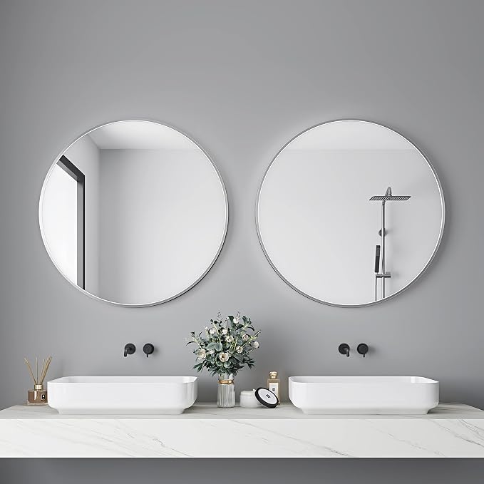 Itrue 36 Inch Round Wall Mirror, Brushed Silver Metal Frame Circle Bathroom - Image 2