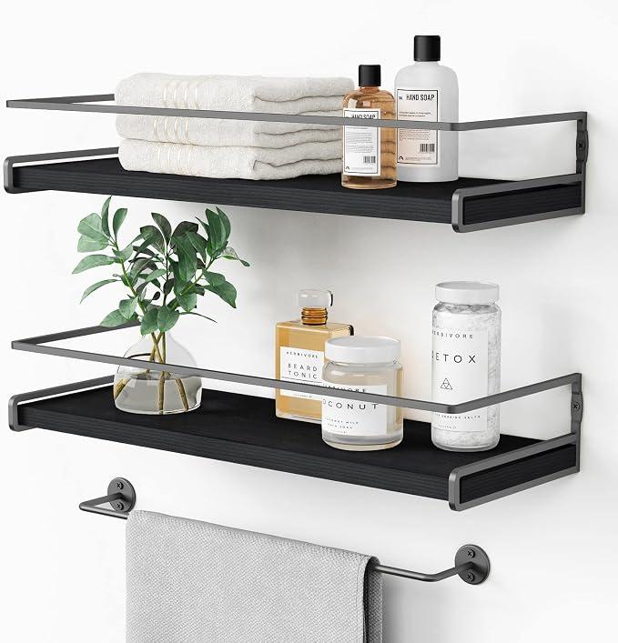 Forbena Black Floating Shelves for Bathroom Wall Set of 2, Kitchen Spice Rack by Forbena